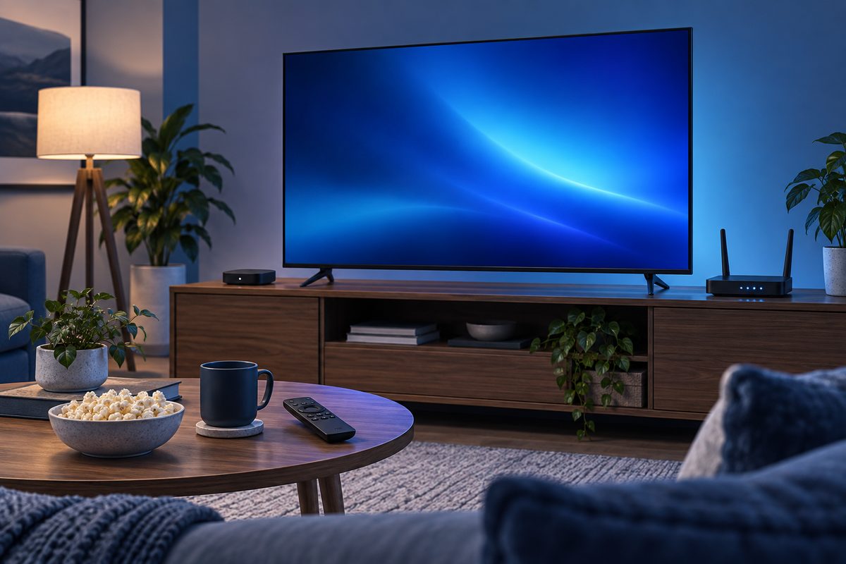 Illustration of a home television, streaming device and wireless router
